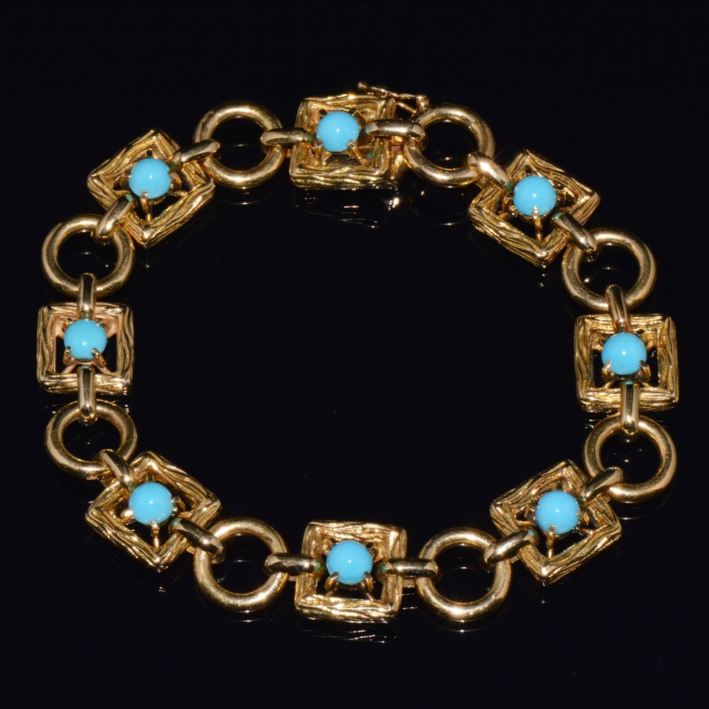 VINTAGE MID-CENTURY SOLID 18K GOLD & NATURAL PERSIAN TURQUOISE BRACELET